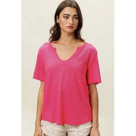 BiBi Tops - BiBi Waved Rib U Neck Top Front Pocket Fuchsia Hot Pink Boho Boutique Summer